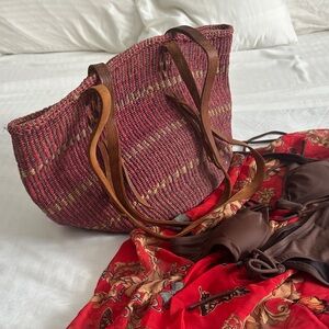 Vintage Red and Brown Woven Tote Bag